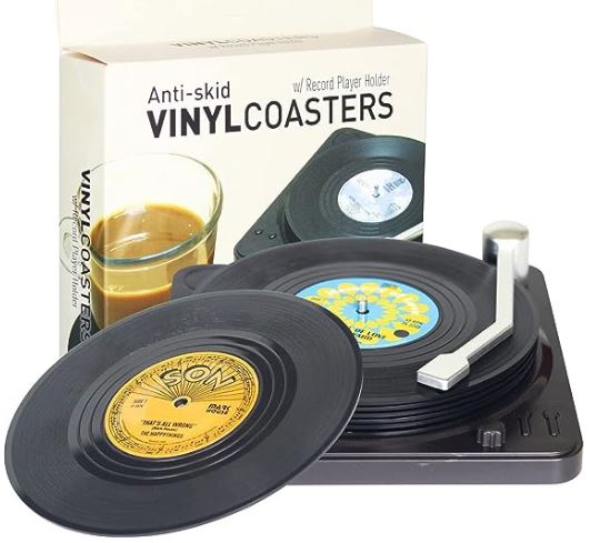 set of coasters looking like vinyl records